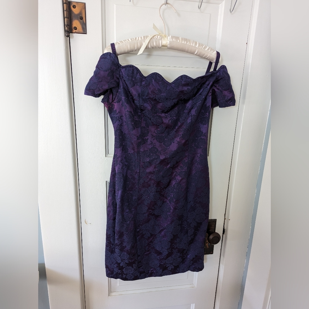 Vintage 90's Brocade Mini Off the Shoulder Scallop Bust Formal Dress